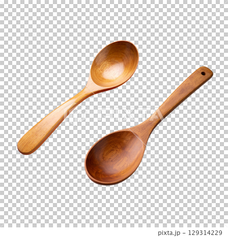 A wooden kitchen spoon and fork utensil set, isolated on a white background A wooden kitchen spoon and fork utensil set, isolated on a white background 129314229