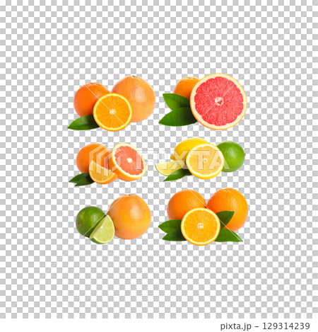 Fresh and juicy citrus fruits oranges, lemons and limes cut into pieces isolated on white background. Fresh and juicy citrus fruits oranges, lemons and limes cut into pieces isolated on white background. 129314239