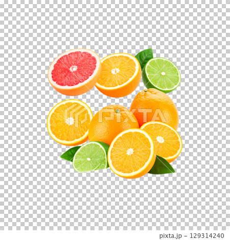 Fresh and juicy citrus fruits oranges, lemons and limes cut into pieces isolated on white background. Fresh and juicy citrus fruits oranges, lemons and limes cut into pieces isolated on white background. 129314240