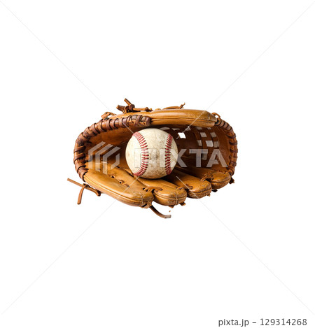 Old leather baseball glove on white background 129314268