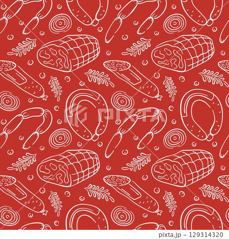 Seamless line art style pattern with sausage, ham, herbs, onion slice and peppercorn on red background. Perfect for butcher shop wallpaper, kitchen decor, menu design or traditional meat cuisine. 129314320