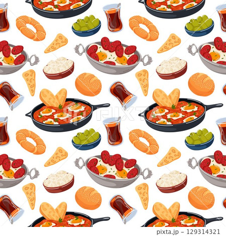 Seamless pattern with traditional Turkish breakfast, tea, eggs, sausage, bread, olives, cheese and pastry. Perfect for food packaging, menu design and culinary project. 129314321