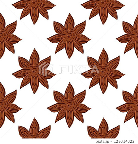 Seamless pattern of star anise in flat style on white background. Perfect for spice package, culinary textile or natural food theme design. 129314322