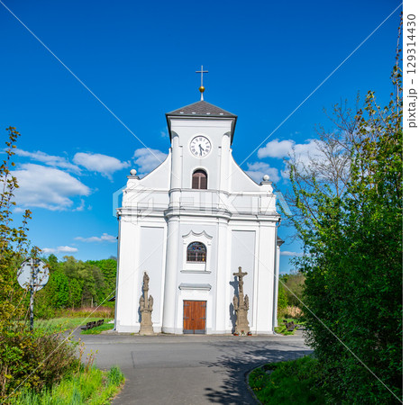 Frontal view of the leaning Church of St. Peter of Alcantara in Karvina, Czech Republic. The iconic tilted structure stands as a unique reminder of the area's mining history. 129314430