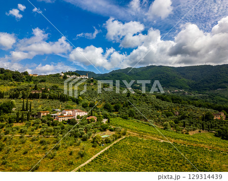 Aerial drone view of vineyards and hills in Tuscany, Italy. Mountain range near city Lucca. Aerial drone view of vineyards and hills in Tuscany, Italy. Mountain range near city Lucca. 129314439