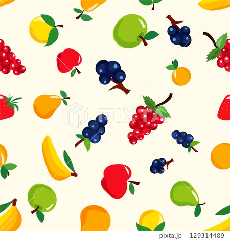 A lively design features an array of fruits and berries including strawberries, grapes, apples, and bananas on a soft light backdrop. This pattern exudes freshness and vibrancy 129314489