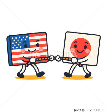 日米関係。アメリカの旗と日本の旗が綱引きしているキャラクターのイラスト 129314490