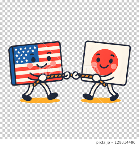 日米関係。アメリカの旗と日本の旗が綱引きしているキャラクターのイラスト 129314490