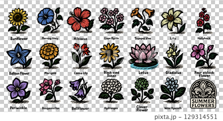 手書き風夏の花アイコンセットカラー、Hand-drawn Summer Flower Icon  129314551