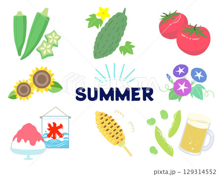 夏　イラスト　セット　花と野菜と食べ物　ベクター 129314552