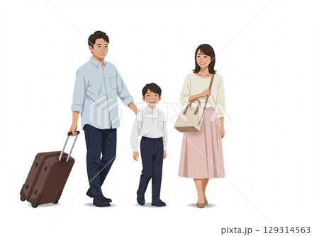 これから旅行に出かける楽しそうな日本人のファミリー（白背景・切り抜き用） 129314563