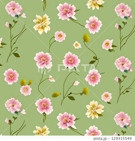 watercolor painting of leaf and flowers pattern 129315549