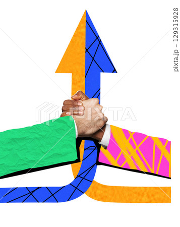 Bold colorful poster of two arms in colorful suits clasped in strong handshake with upward arrow Bold colorful poster of two arms in colorful suits clasped in strong handshake with upward arrow 129315928