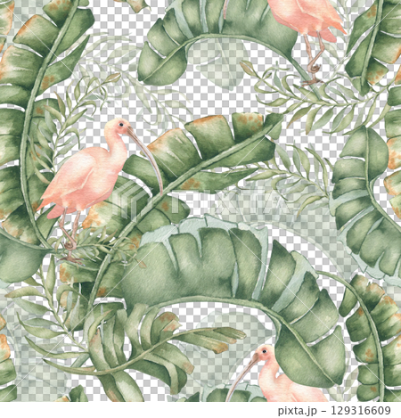 Tropical Watercolor Bird and Foliage seamless Pattern isolated. Hand painted pink ibis lush palm fronds in soft muted tones. Repeated exotic jungle design for boho wallpaper, textile, beachwear. Tropical Watercolor Bird and Foliage seamless Pattern isolated. Hand painted pink ibis lush palm fronds in soft muted tones. Repeated exotic jungle design for boho wallpaper, textile, beachwear. 129316609