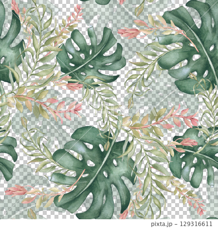 Tropical foliage seamless pattern pink and soft green colors isolated. Watercolor monstera and areca palm leaves hand painted. Jungle foliage pastel tones on repeated background for textile swimwear. 129316611