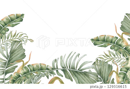 Tropical watercolor border of palm fronds and ferns in muted sage tones isolated. Jungle greenery plants hand drawn frame for stationery, spa resort design. Tropical foliage drawing for packaging. 129316615