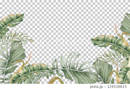 Tropical watercolor border of palm fronds and ferns in muted sage tones isolated. Jungle greenery plants hand drawn frame for stationery, spa resort design. Tropical foliage drawing for packaging. 129316615