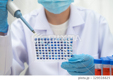 Scientist with cell culture in sample micro plate for research in science laboratory. Scientist with cell culture in sample micro plate for research in science laboratory. 129316825