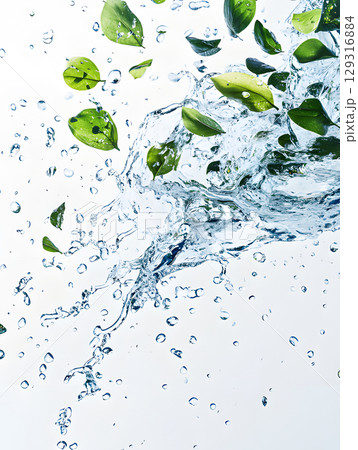Green leaves with water flow. Plants in transparent splashes. Illustration of liquid for design 129316884