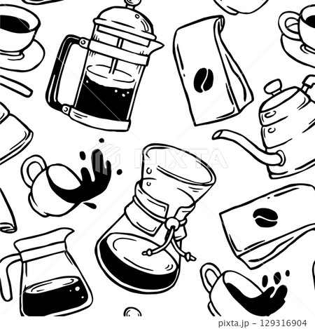 cute seamless pattern with coffee and coffee pots. vector illustration in doodle style, cartoon 129316904