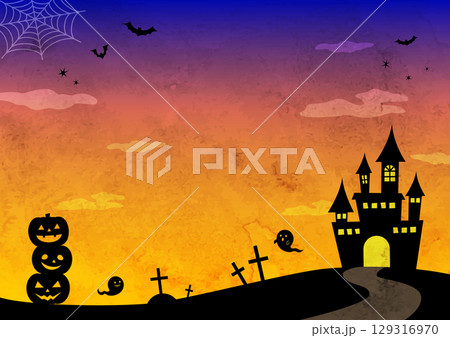かぼちゃやおばけやお城や蝙蝠のシルエットのかわいいハロウィン背景イラスト かぼちゃやおばけやお城や蝙蝠のシルエットのかわいいハロウィン背景イラスト 129316970