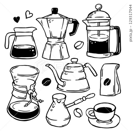 cute set with coffee and coffee pots. vector illustration in doodle style, cartoon 129317044