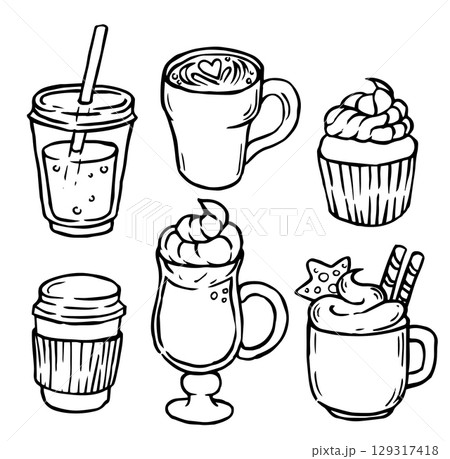 Set of sweet drinks. cappuccino, hot chocolate, lemonade, latte. cute vector illustration in doodle style Set of sweet drinks. cappuccino, hot chocolate, lemonade, latte. cute vector illustration in doodle style 129317418