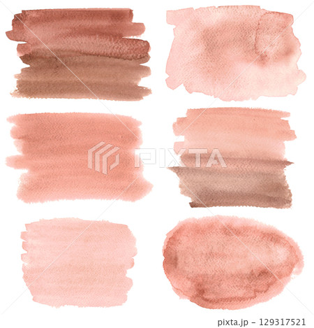 Watercolor set of abstract spots isolated on white background. Chocolate, brown, dusty pink, shades with texture paper. Hand drawn illustration of blots for design, banner. Template for decor. 129317521