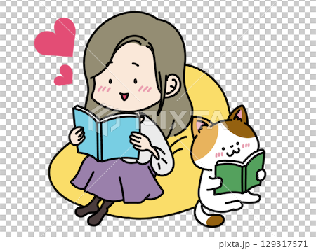 A woman reading a book and a cat A woman reading a book and a cat 129317571