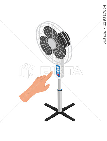 Hand presses the button on the control panel on the white electric fan Concept Hand presses the button on the control panel on the white electric fan Concept 129317804