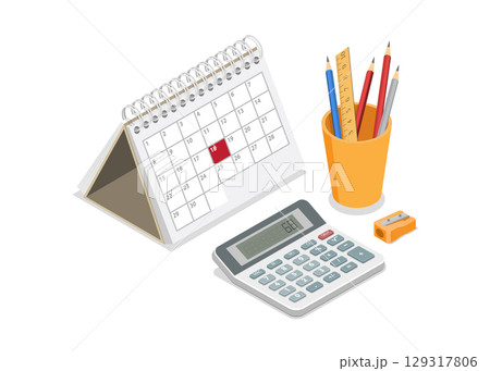 Isometric office supplies on white background. 129317806