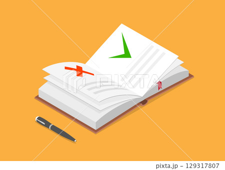 Open book with checker and cross, pen on yellow background. rules concept. Vector illustration. Stock illustration Open book with checker and cross, pen on yellow background. rules concept. Vector illustration. Stock illustration 129317807