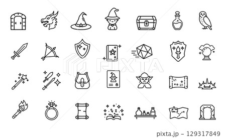 Role playing game icons set. Fantasy adventure symbols collection in minimal style. Suitable for tabletop games video games and card design. Simple outlined black and white vector Role playing game icons set. Fantasy adventure symbols collection in minimal style. Suitable for tabletop games video games and card design. Simple outlined black and white vector 129317849