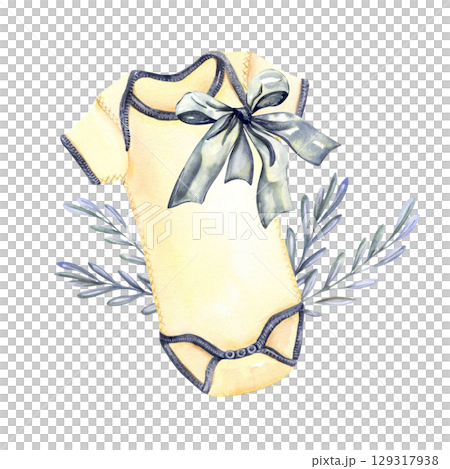 Baby bodysuit with ribbon, leaves and floral decoration in watercolor Baby bodysuit with ribbon, leaves and floral decoration in watercolor 129317938