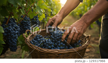 Vineyard worker's hands are carefully placing ripe blue grapes into wicker basket, surrounded by vibrant green vines and soft sunlight, illustrating art of grape harvesting in picturesque vineyard 129317966