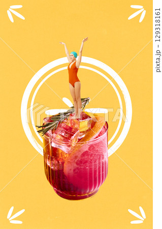 Creative collage of grapefruit cocktail with woman in swimsuit standing on ice cubes Creative collage of grapefruit cocktail with woman in swimsuit standing on ice cubes 129318161