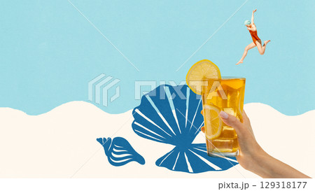 Creative collage of female diver jumping into lemon iced tea in hand against blue shells on sunny beach background 129318177