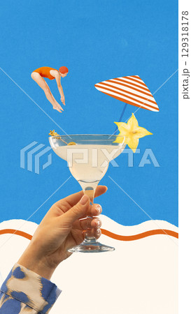 Contemporary collage of woman diving into cocktail glass with starfruit and umbrella on blue beach background Contemporary collage of woman diving into cocktail glass with starfruit and umbrella on blue beach background 129318178