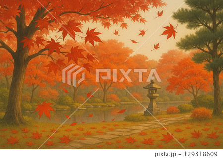 和風庭園と紅葉の秋景色イラスト 129318609