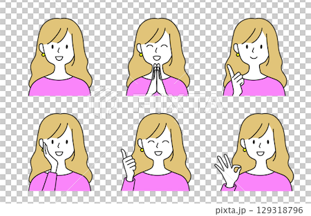 さまざまなジェスチャーでポジティブな感情を表現するウェーブヘアの女性セットイラスト 129318796