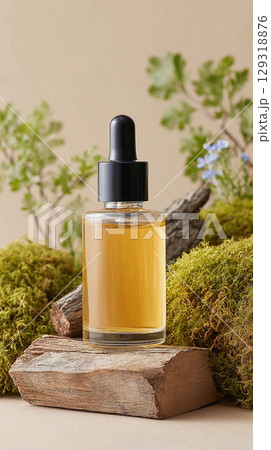 Natural essential oil displayed on rustic wood surrounded by moss and greenery creating a serene atmosphere in a tranquil setting 129318876