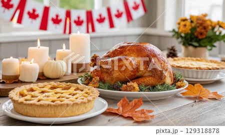 Festive Canada Day dinner featuring roasted turkey, pumpkin pie, and autumn decorations with candles and flowers in a cozy dining setting 129318878