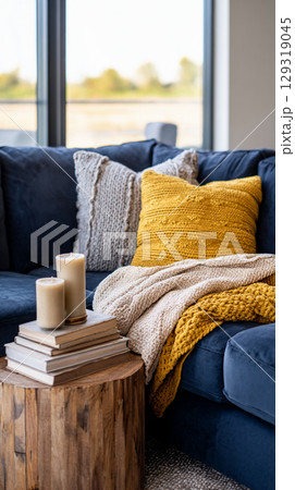 Cozy living room setting with blue couch, warm textiles, and decorative candles creating a welcoming atmosphere in the afternoon light 129319045