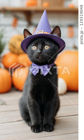 This adorable black kitten with a purple witch hat and matching bow tie sits politely, enjoying the festive autumn Halloween pumpkin decorations. This adorable black kitten with a purple witch hat and matching bow tie sits politely, enjoying the festive autumn Halloween pumpkin decorations. 129319048