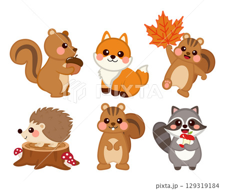 Cute autumn forest animals, squirrel, hedgehog, racoon, fox clipart 129319184