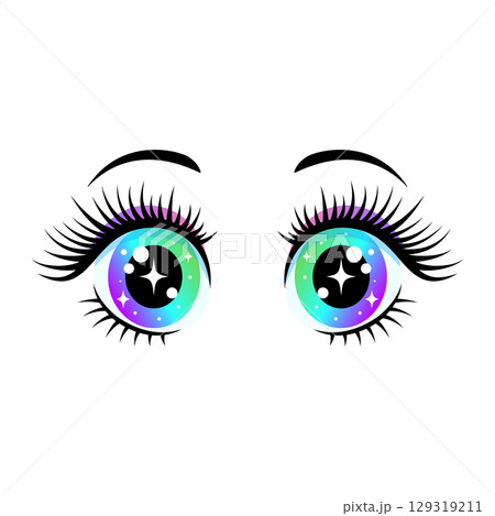 Kawaii eyes with long lashes, featuring sparkling starry pupils and a stunning colorful gradient 129319211