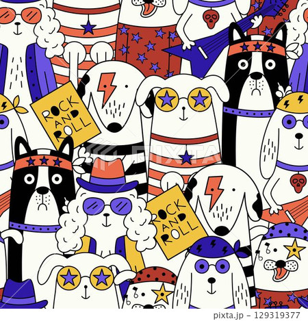 Seamless pattern featuring cool cartoon dogs as a rock band. 129319377