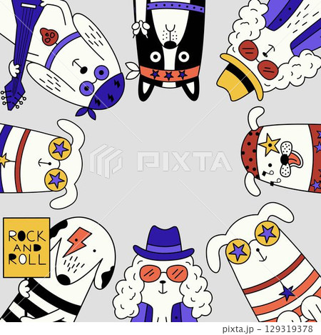 Funny cartoon dogs dressed as rock musicians arranged around the edges of a square frame, forming a playful border. Funny cartoon dogs dressed as rock musicians arranged around the edges of a square frame, forming a playful border. 129319378
