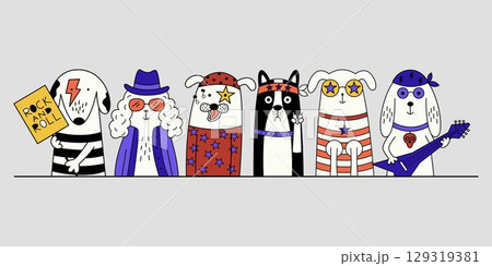 Lineup of cartoon dogs dressed as rock musicians, standing in a row with guitars. Lineup of cartoon dogs dressed as rock musicians, standing in a row with guitars. 129319381