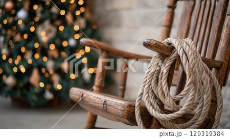 Christmas decorations shine in the background while a rustic rocking chair holds decorative lasso rope. Cowboy and Western decor. Christmas decorations shine in the background while a rustic rocking chair holds decorative lasso rope. Cowboy and Western decor. 129319384
